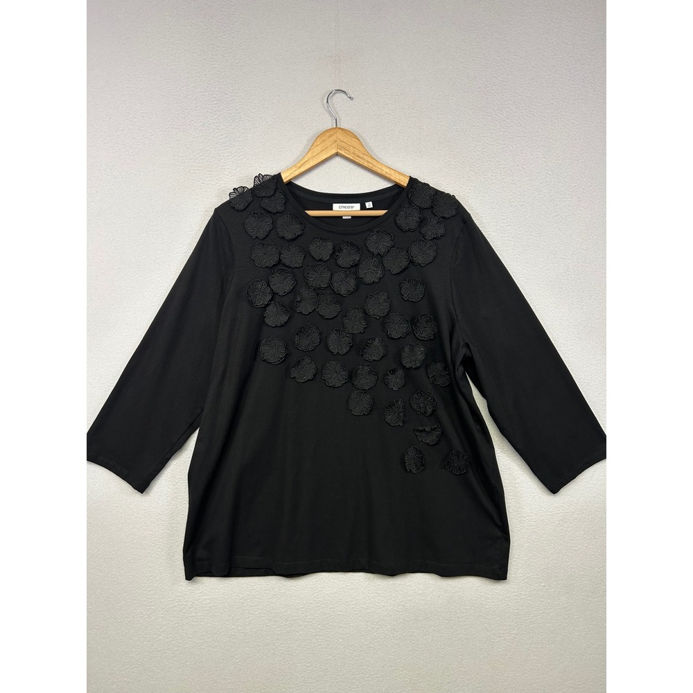 Chic Textured 3D Floral Chico's Women XXL Black 3/4 Sleeve Applique Knit Top
